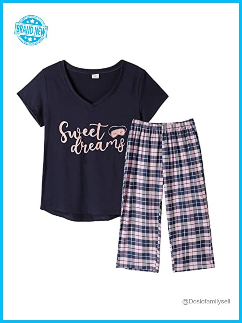 Womens Soft Comfy Pajama Set Short Sleeve V Neck Capri Pants 2 Piece Sleepwear